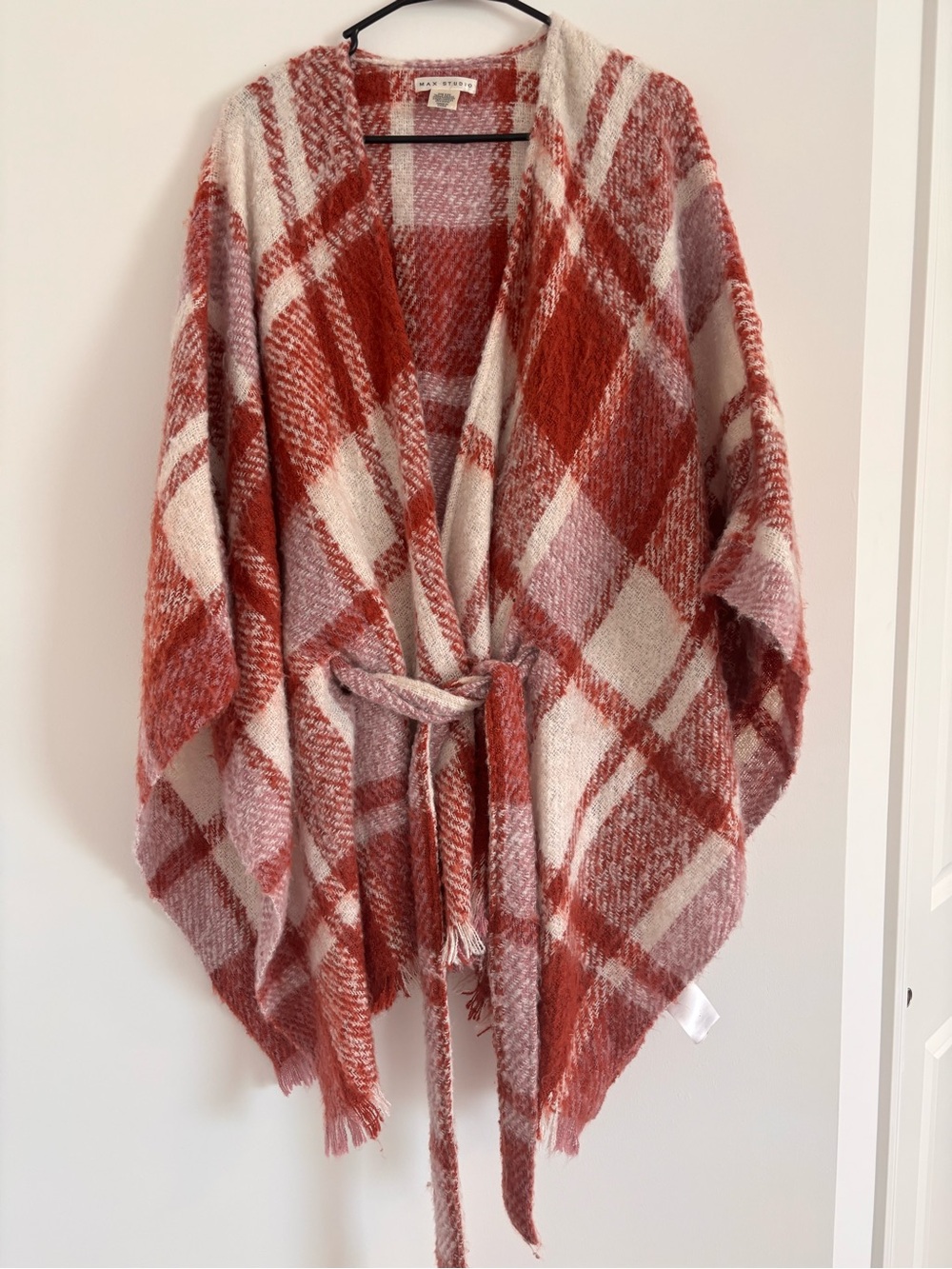 Max Studio Pink & Rust Plaid Knit Cardigan